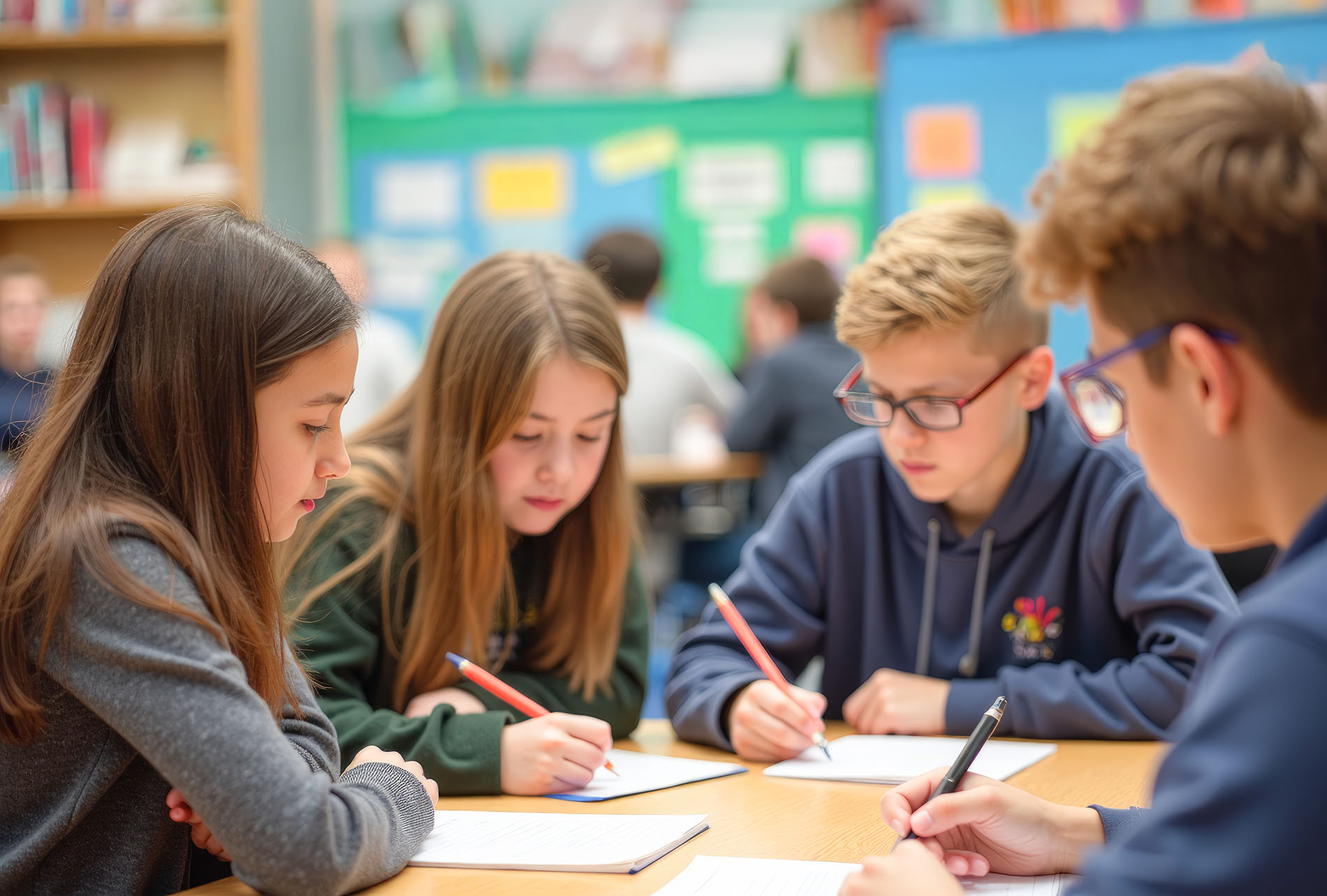 School children doing school work at a table